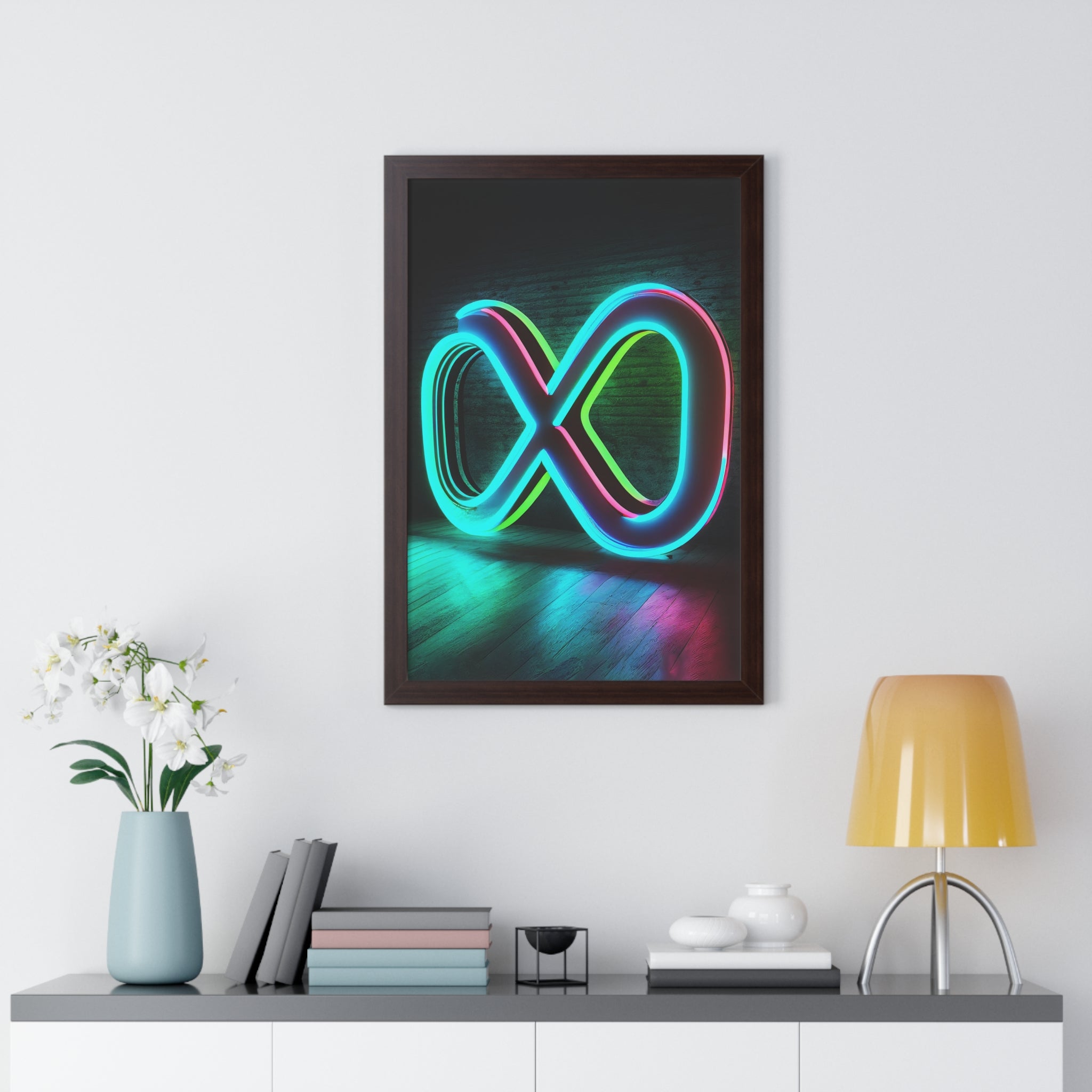 Vibrant neon infinity wall art framed for modern interiors and gaming rooms.
