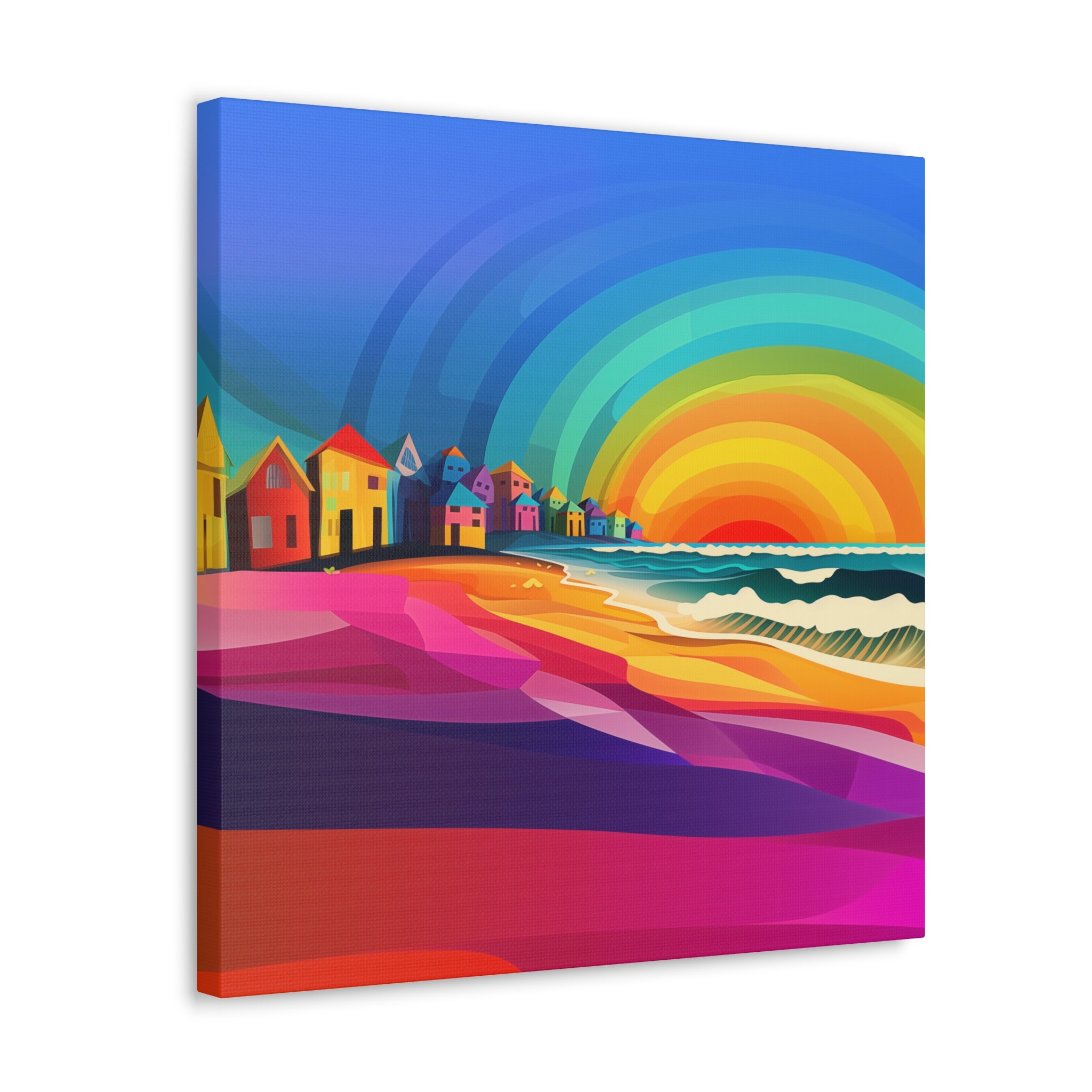 Colorful abstract coastal artwork with a rainbow sky and geometric beach houses.