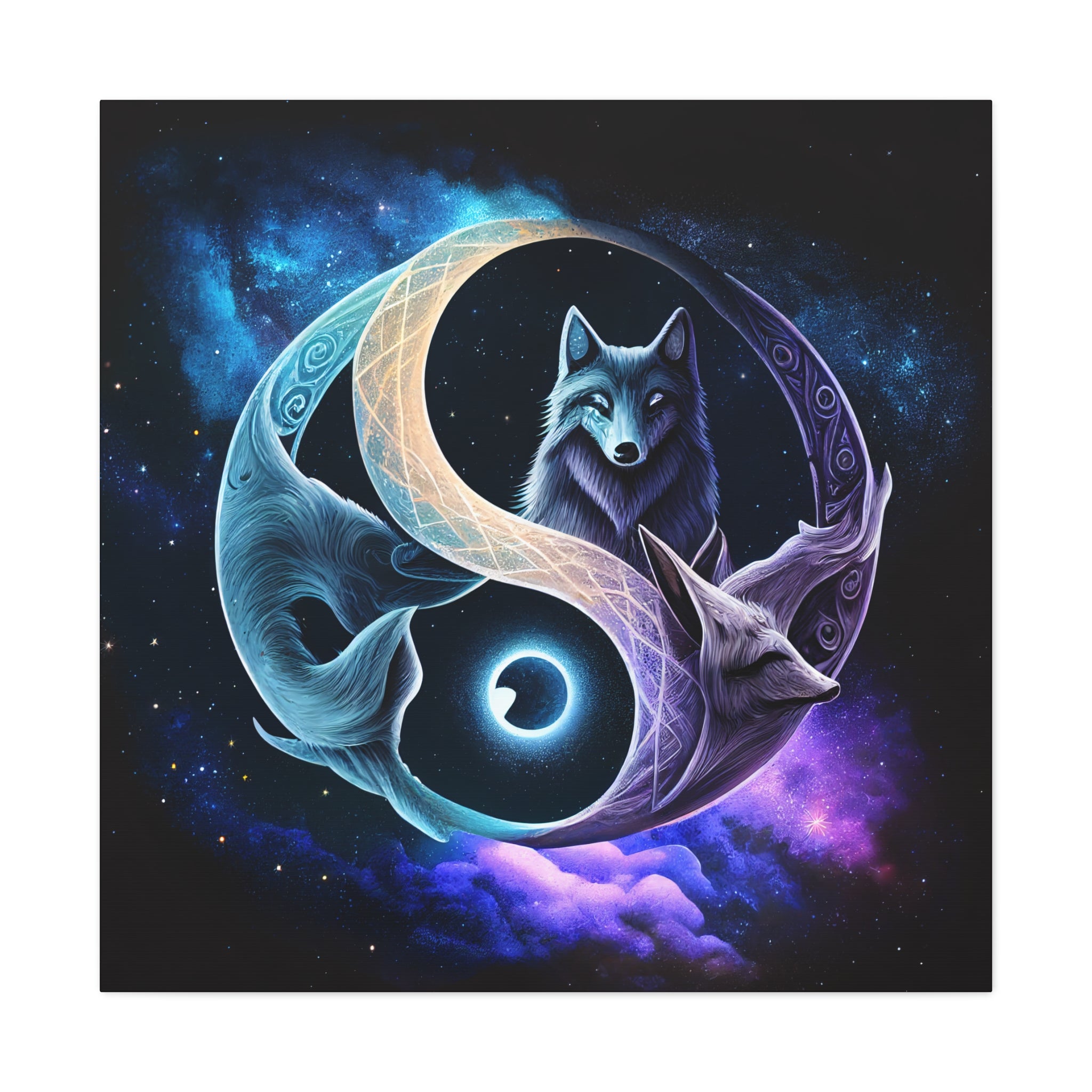 Celestial wolf spirit guide wall art with radiant lunar and starry elements.