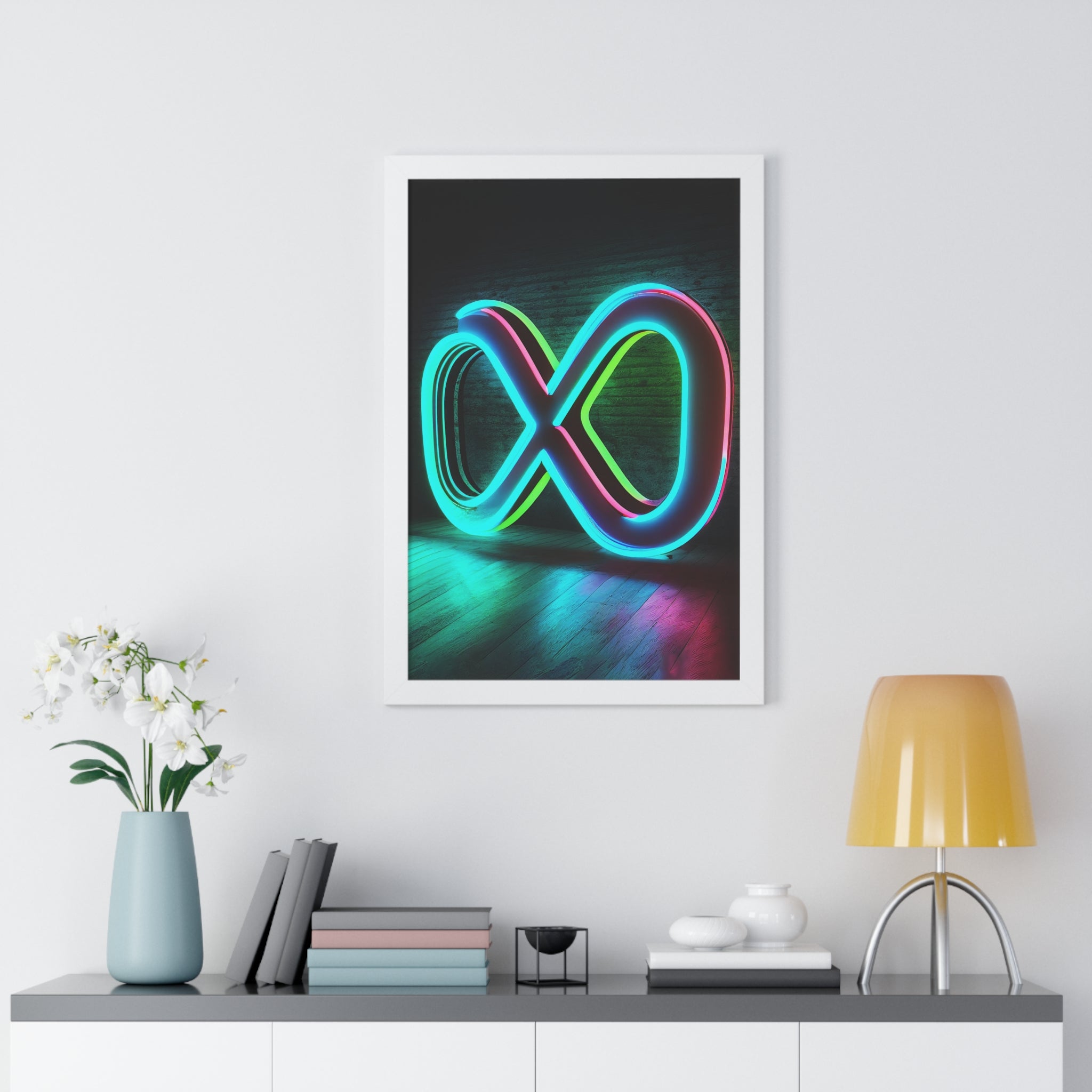 Framed neon infinity print featuring surreal lighting effects and deep colors.