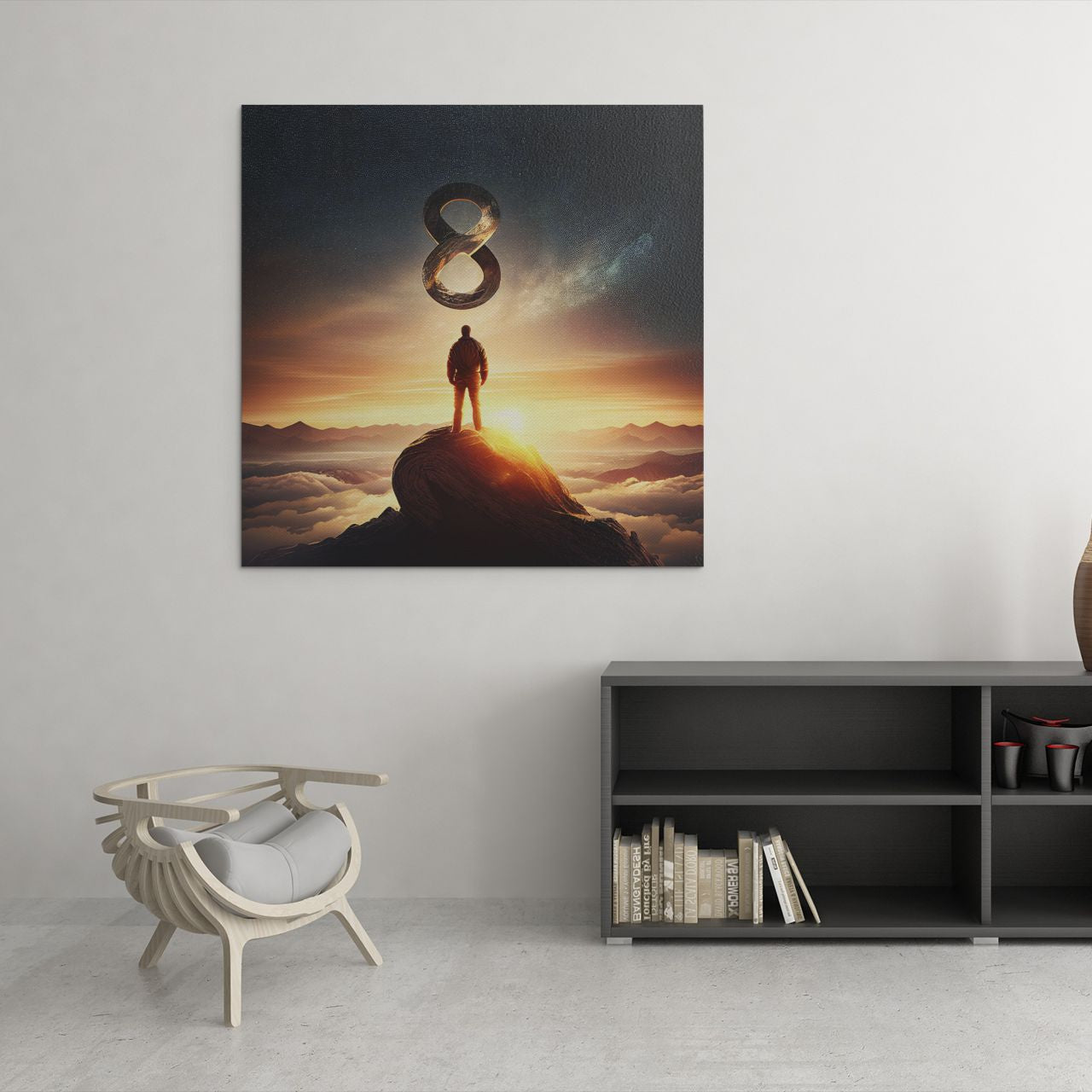 Abstract cosmic wall art featuring a glowing infinity symbol in the sky.