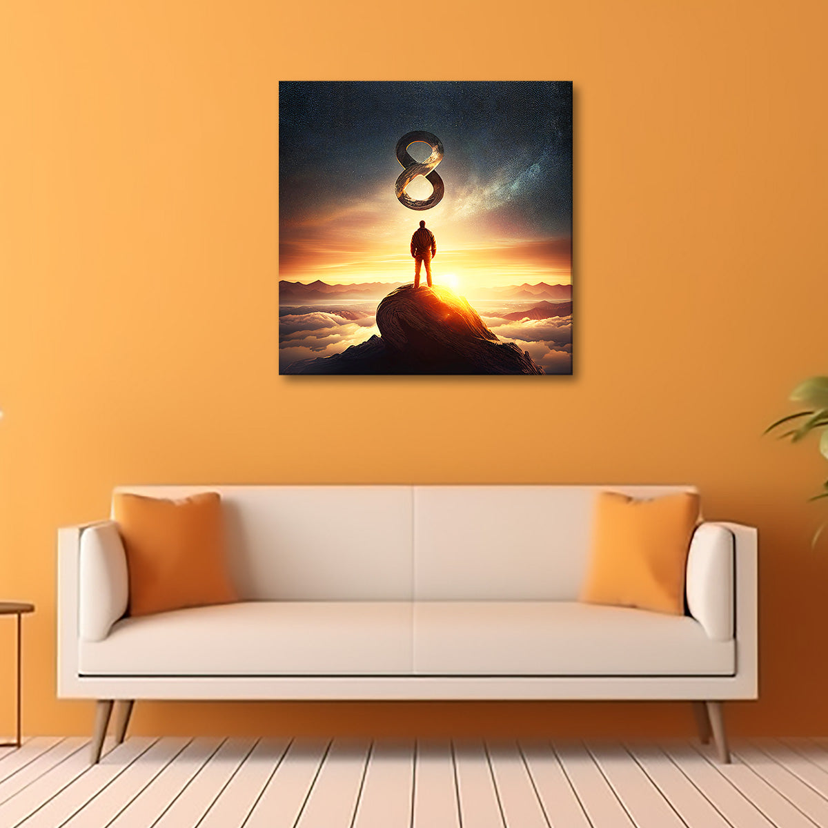 The Infinite Ascent canvas print featuring an infinity symbol over a mountain sunrise.