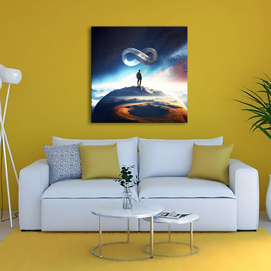 Beyond the Infinite Horizon mounted canvas featuring a glowing infinity symbol in space.