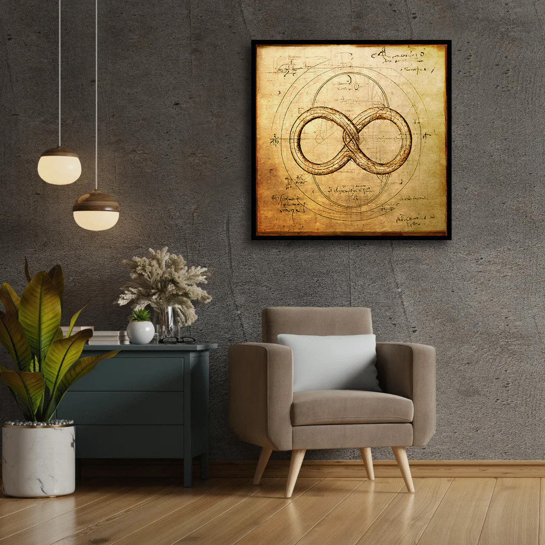 Classic Infinity Symbol art featuring antique blueprint details and Da Vinci influences.