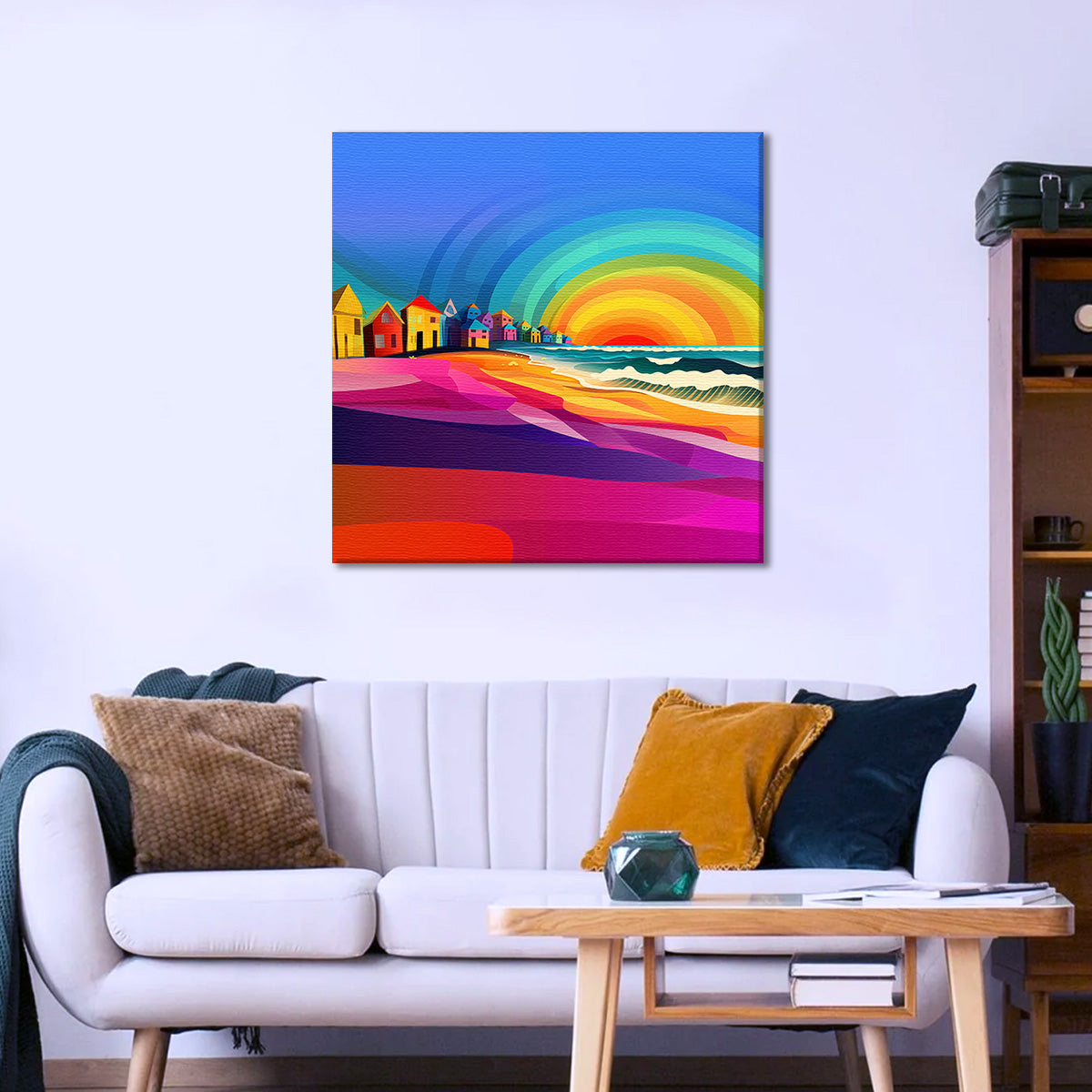 Infinite Coastal Spectrum mounted canvas featuring a vibrant colorful beach sunset and ocean waves.