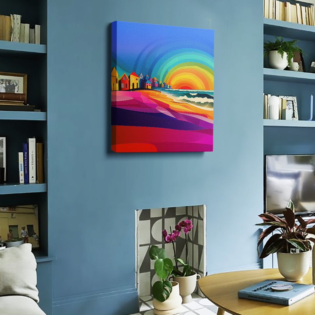 Bold geometric sunset painting featuring warm and cool tones blending seamlessly