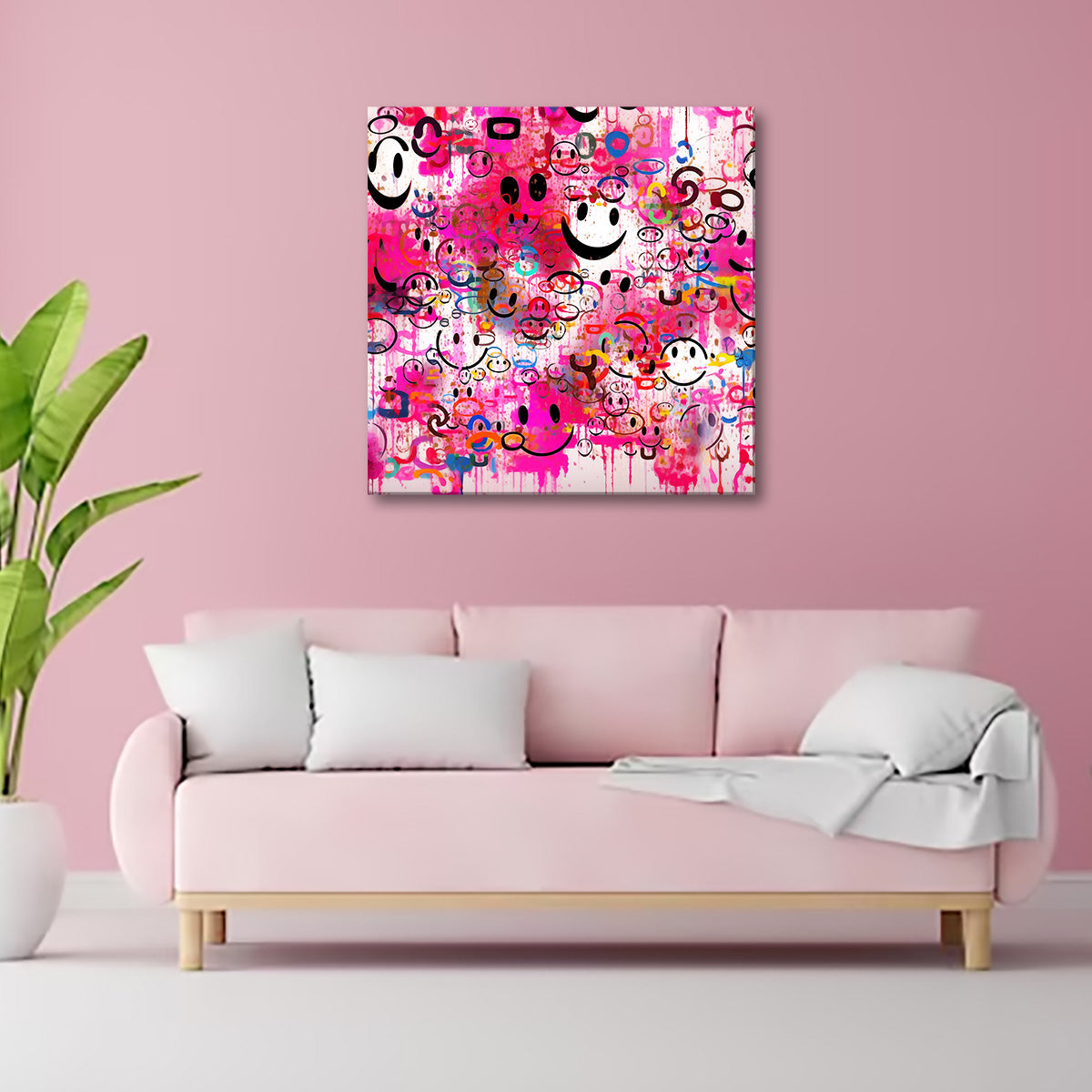 Neon Smiles pop art canvas featuring vibrant graffiti smiley faces