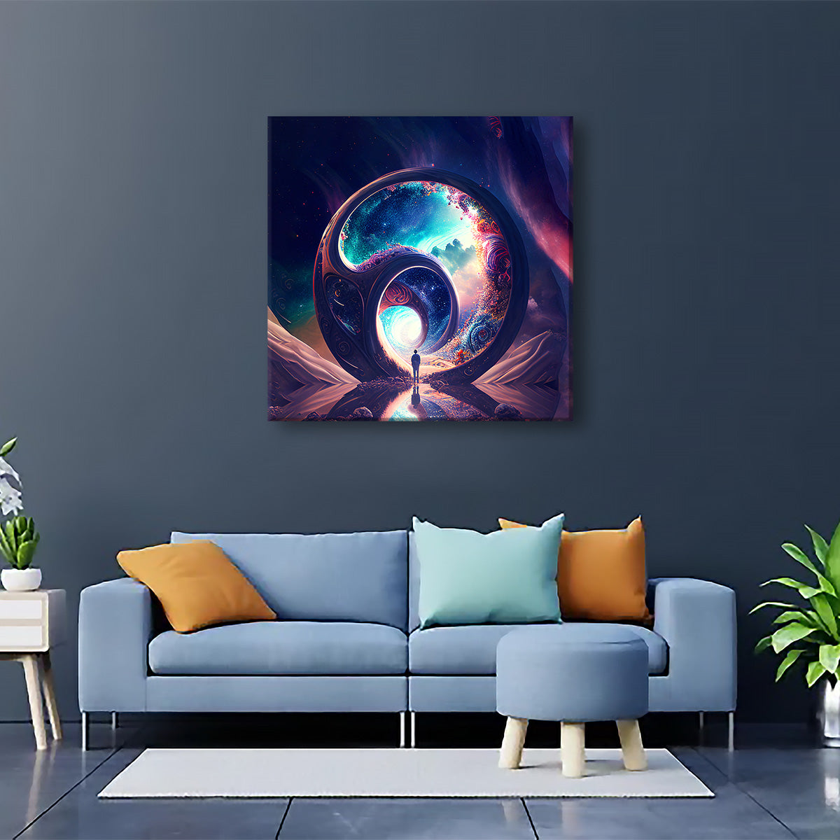 Infinite Dreamscape canvas art with vibrant purple swirling abstract colors.