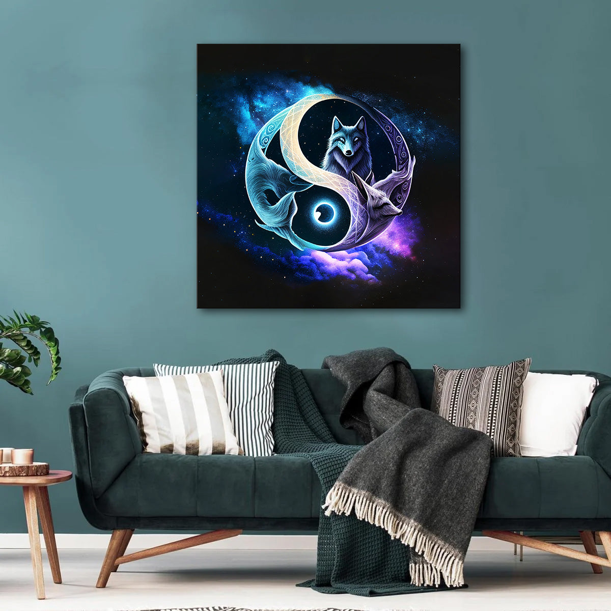 Infinite Wolves mounted canvas featuring celestial wolves and a glowing full moon.