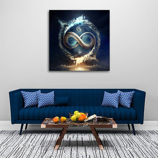 Ethereal Infinity mounted canvas featuring a celestial infinity symbol with golden accents