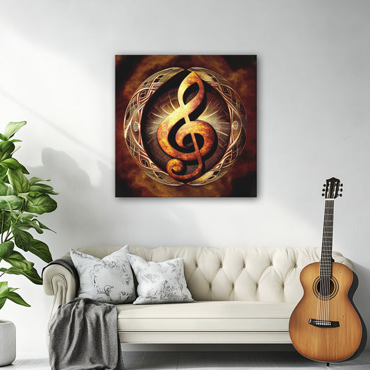 Celestial Soundwave canvas print featuring a glowing treble clef with cosmic energy.