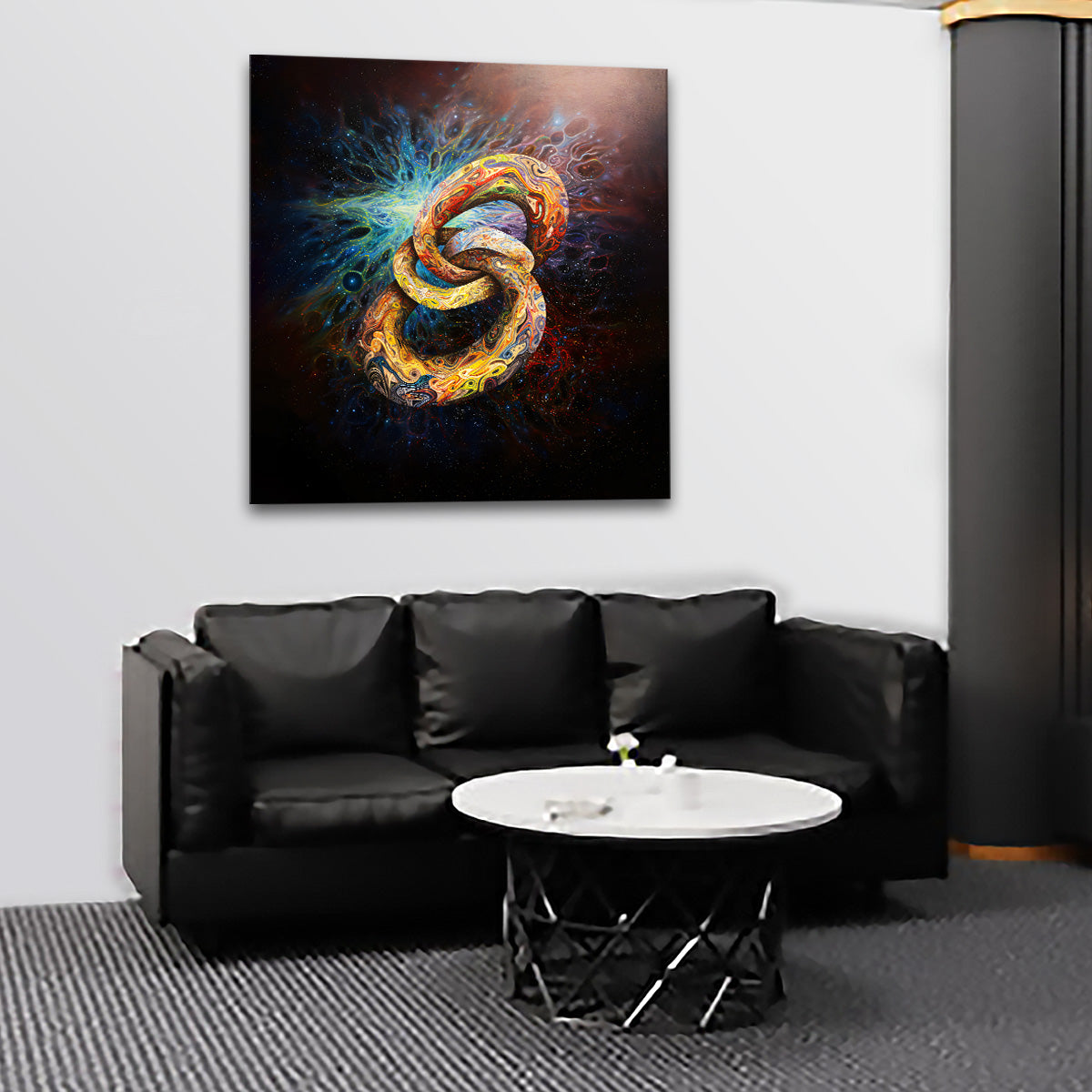 Surreal cosmic print of an infinity symbol radiating energy and transformation.