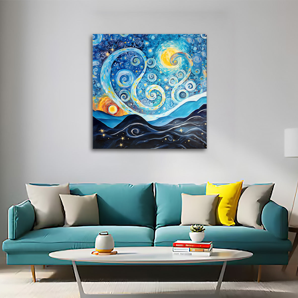 Celestial Swirls infinity canvas print with a Starry Night-inspired cosmic theme.