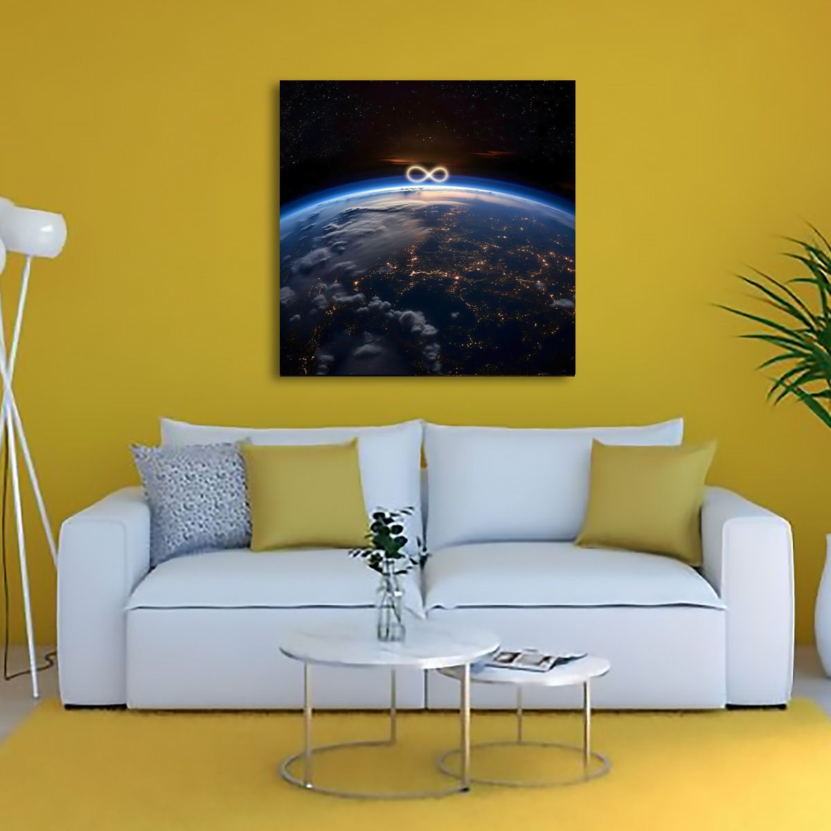 Cosmic Infinity Earth Canvas Poster featuring a glowing infinity symbol above our planet.