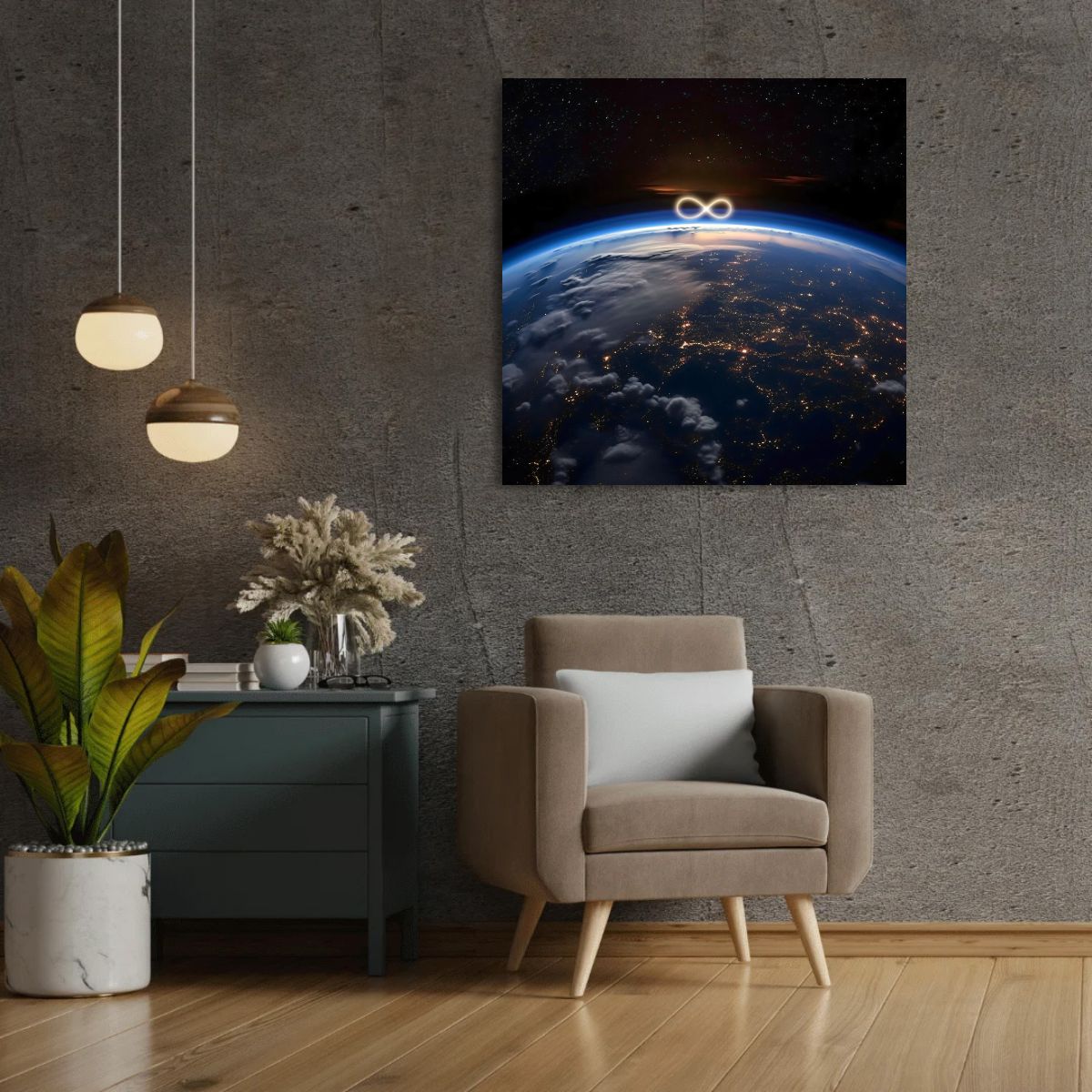 Modern motivational wall art with an infinity symbol and celestial Earth design