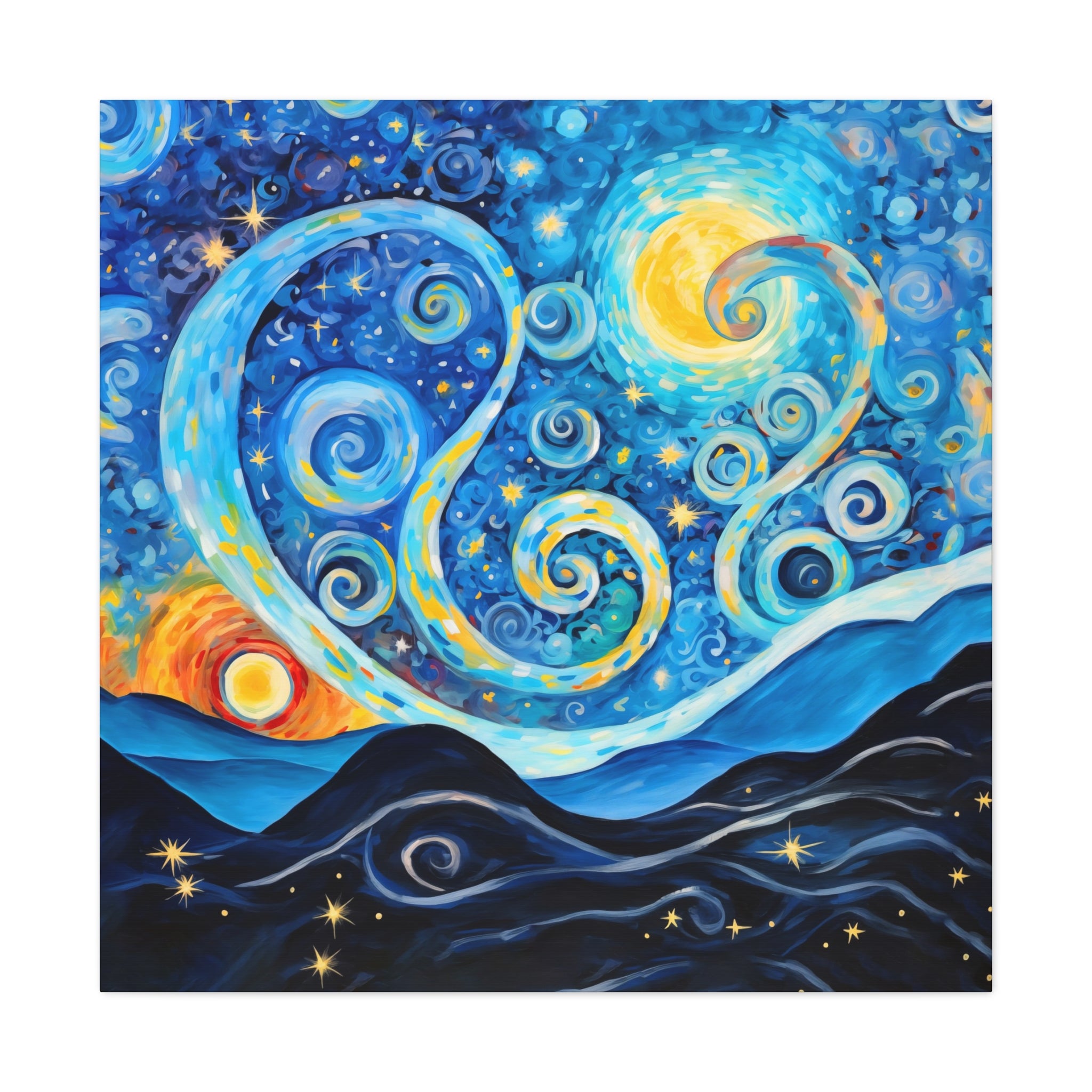 Abstract night sky poster with deep blues, glowing golds, and flowing cosmic energy.