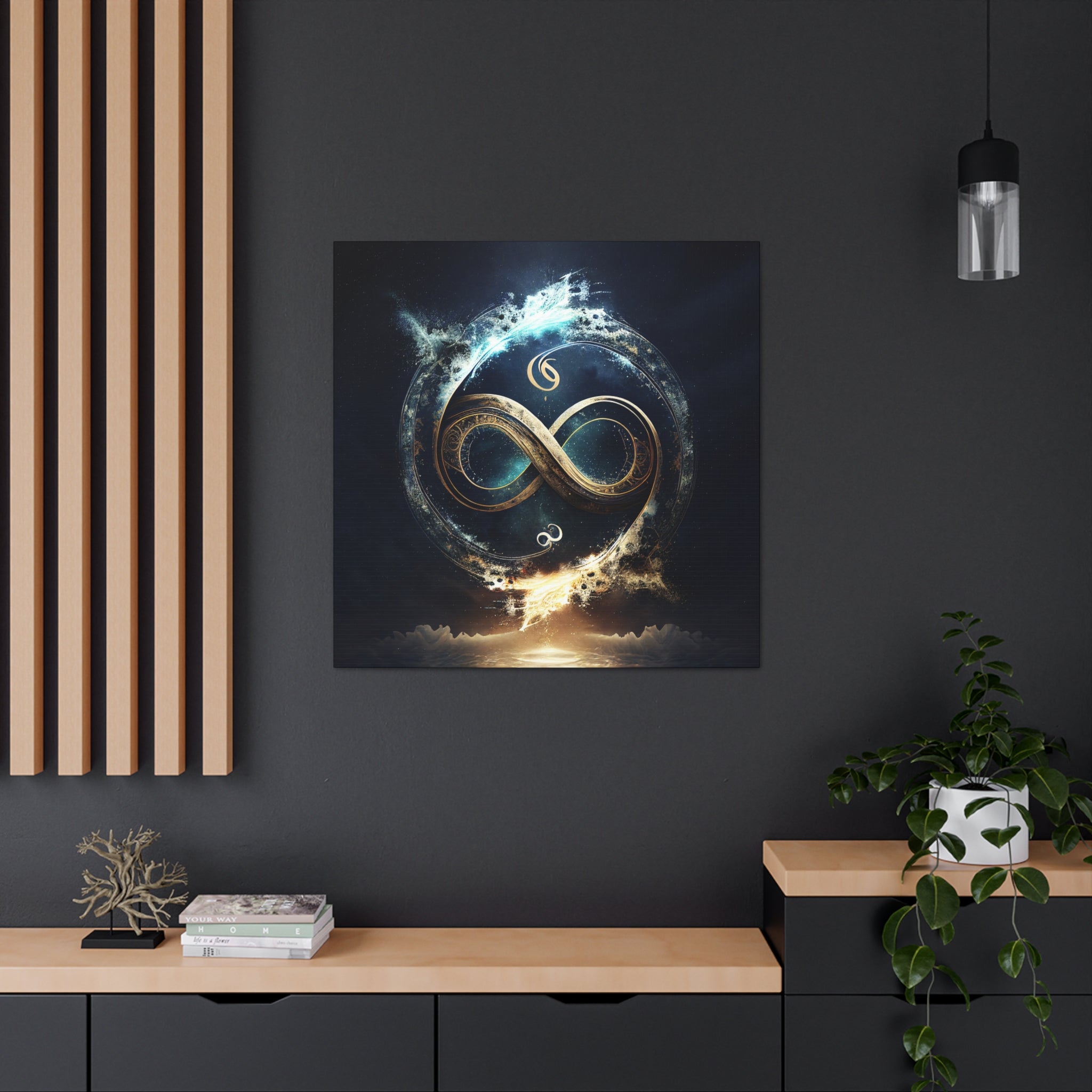 Ethereal Infinity – Cosmic Infinity Symbol Mounted Canvas | Sacred Geometry Wall Art