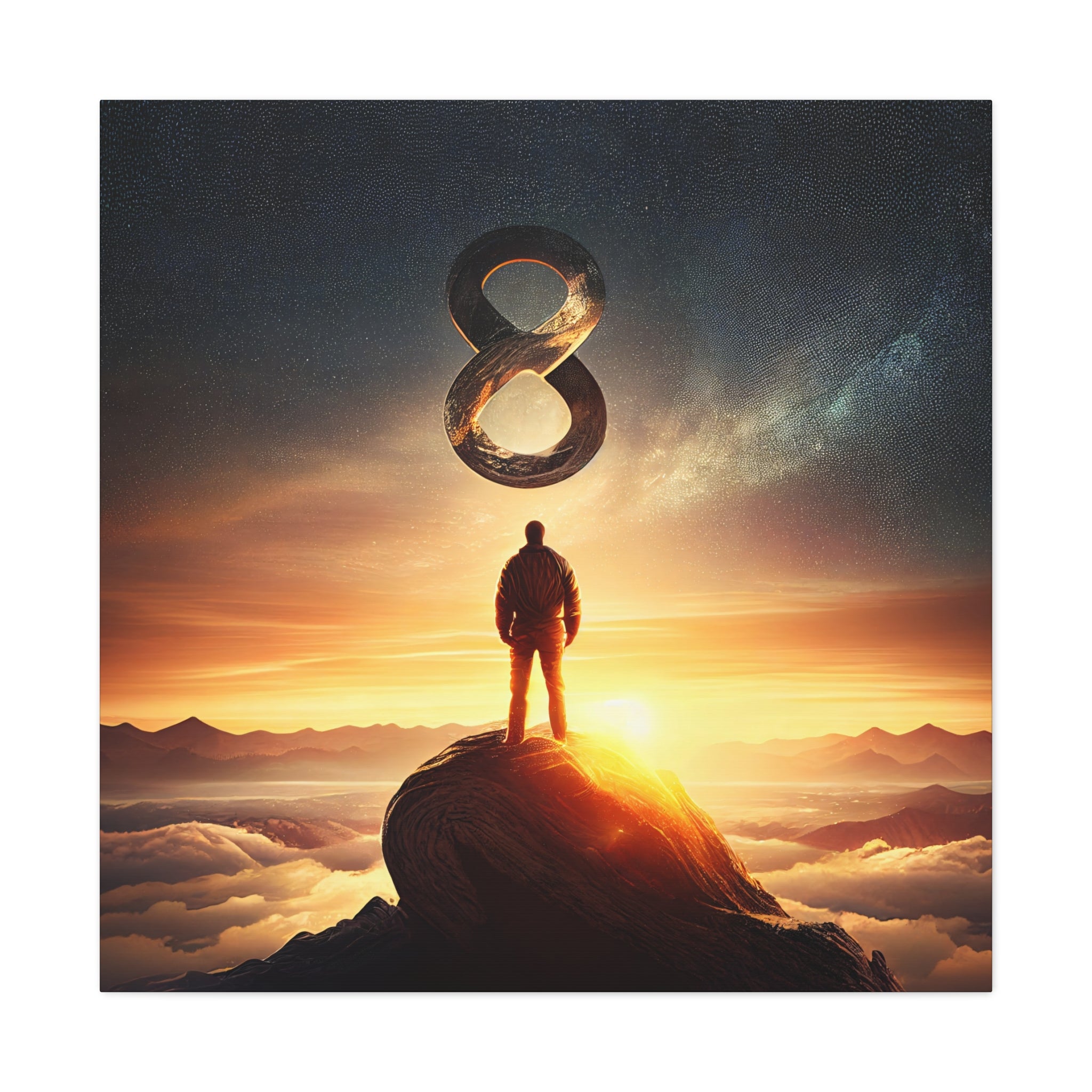 Motivational wall art with a lone traveler standing beneath a cosmic infinity symbol.