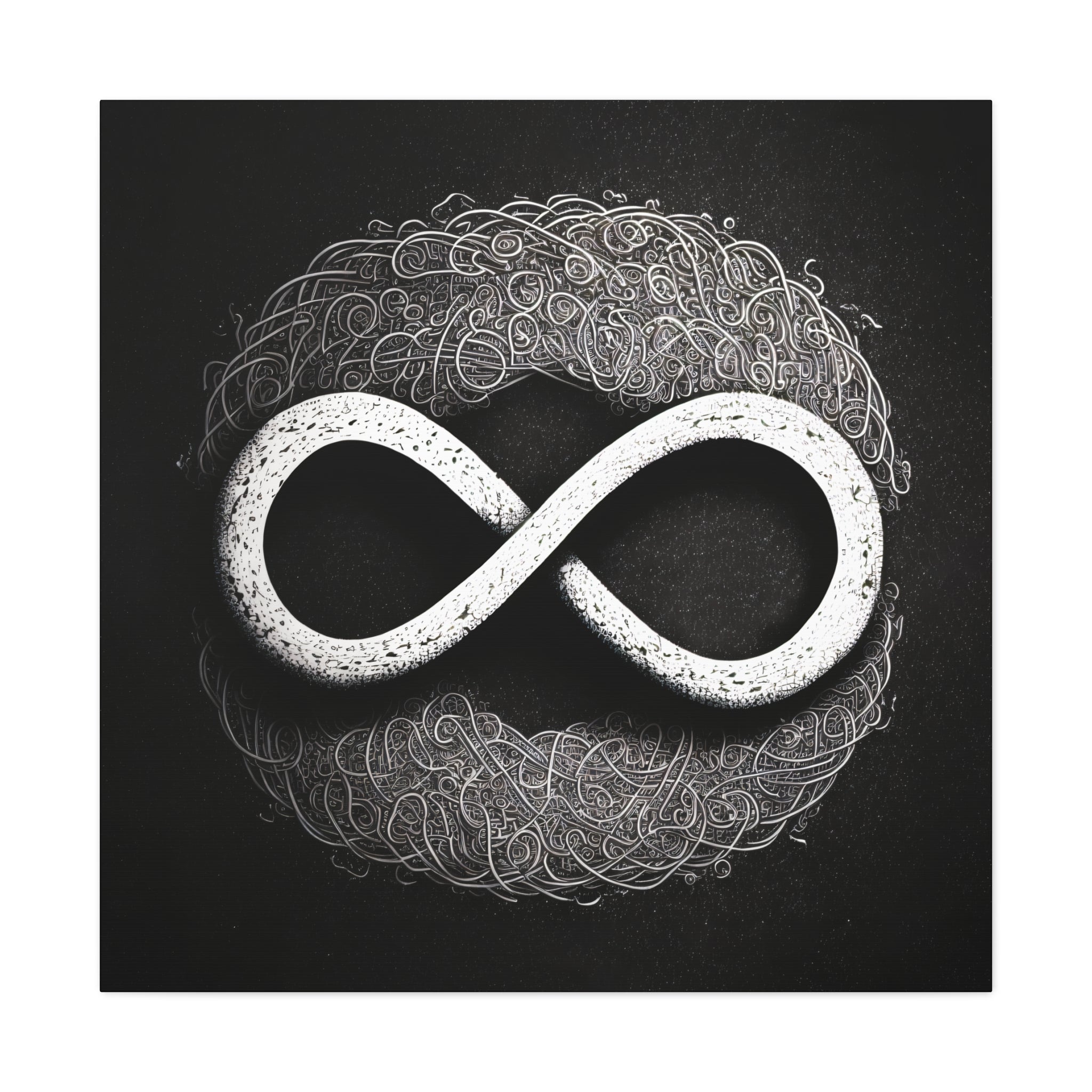 Minimalist infinity symbol artwork with swirling energy and textured depth.