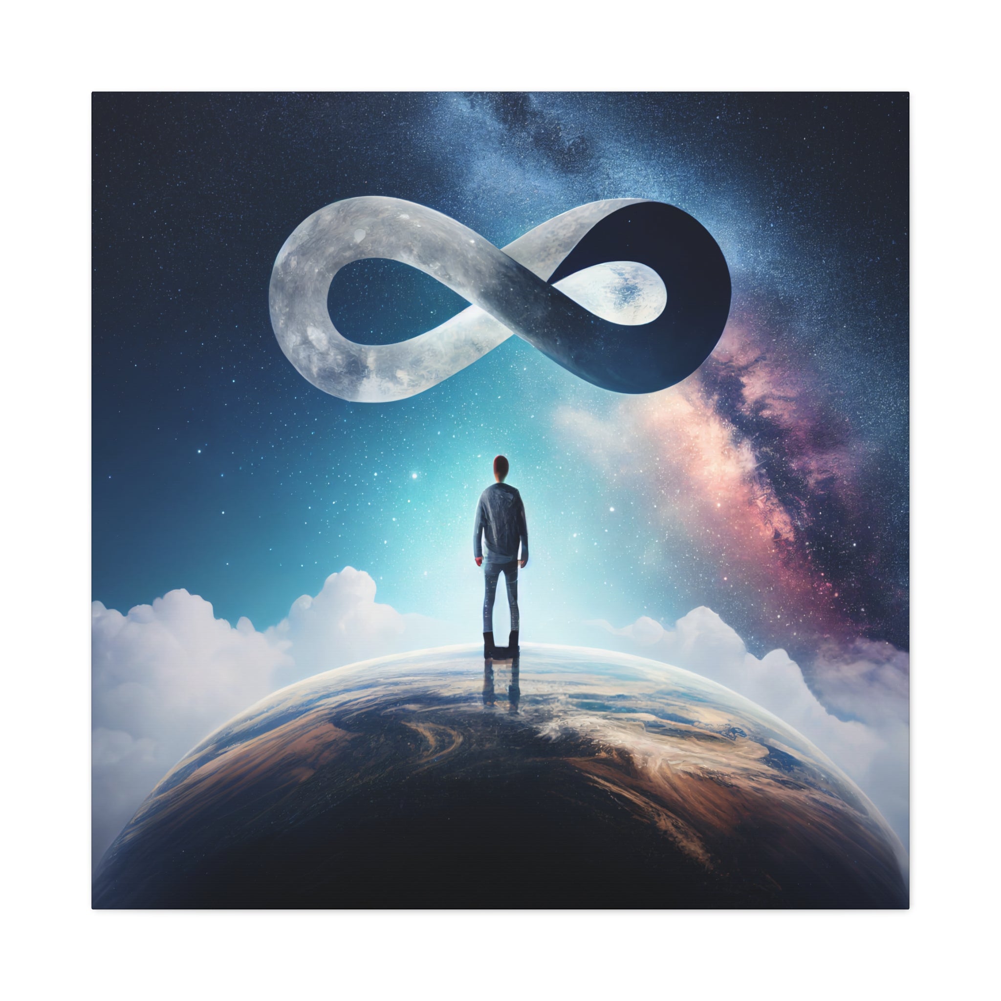 Space-inspired infinity symbol print blending astronomy, surrealism, and vision