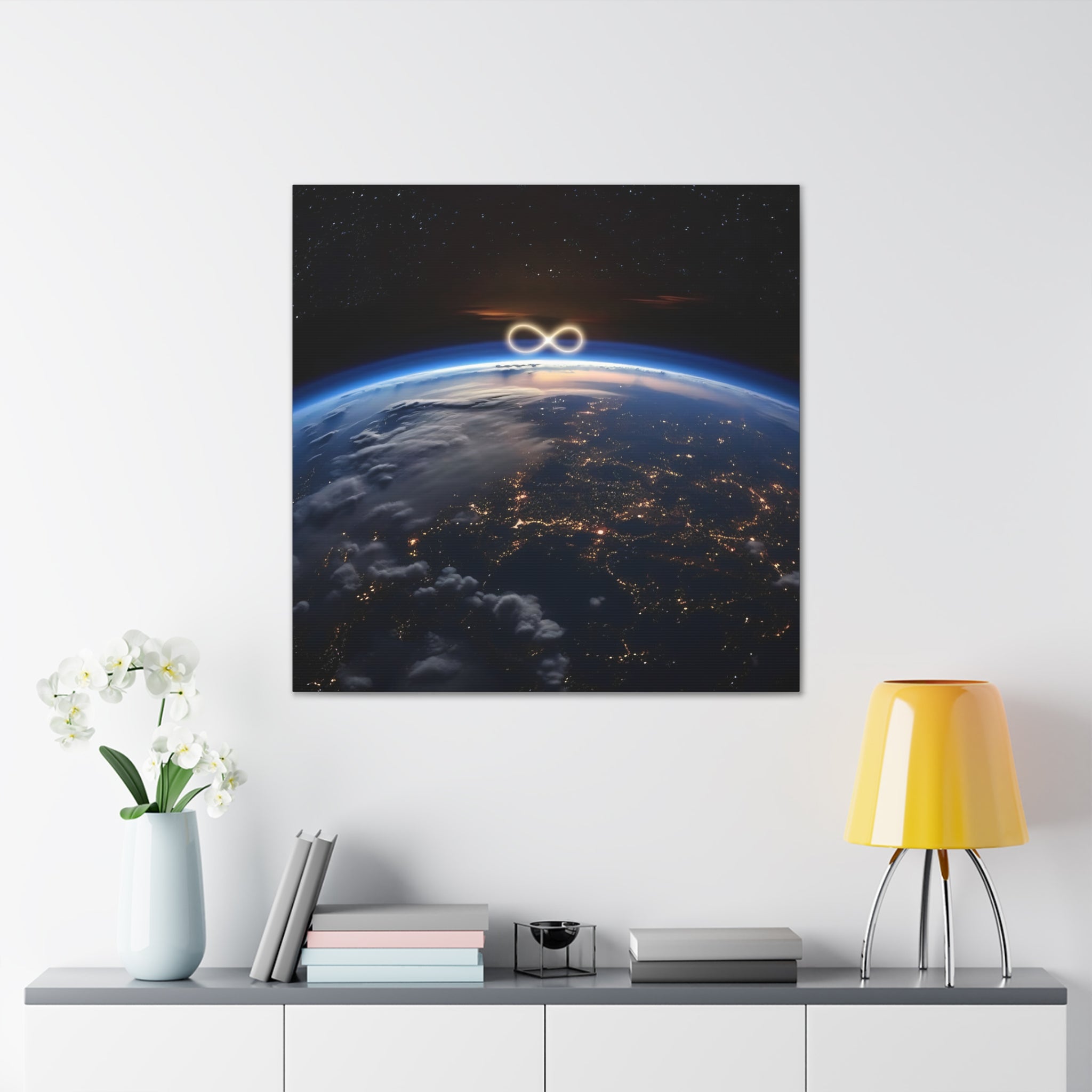 Contemporary cosmic art canvas featuring a luminous infinity symbol over Earth.