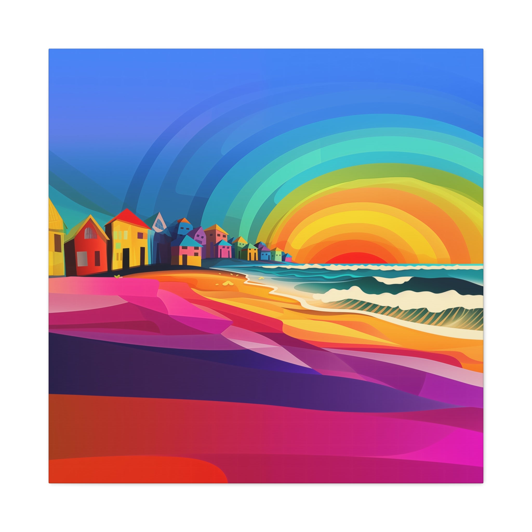 Modern beach wall decor with an artistic sunset, ocean waves, and tropical scenery.
