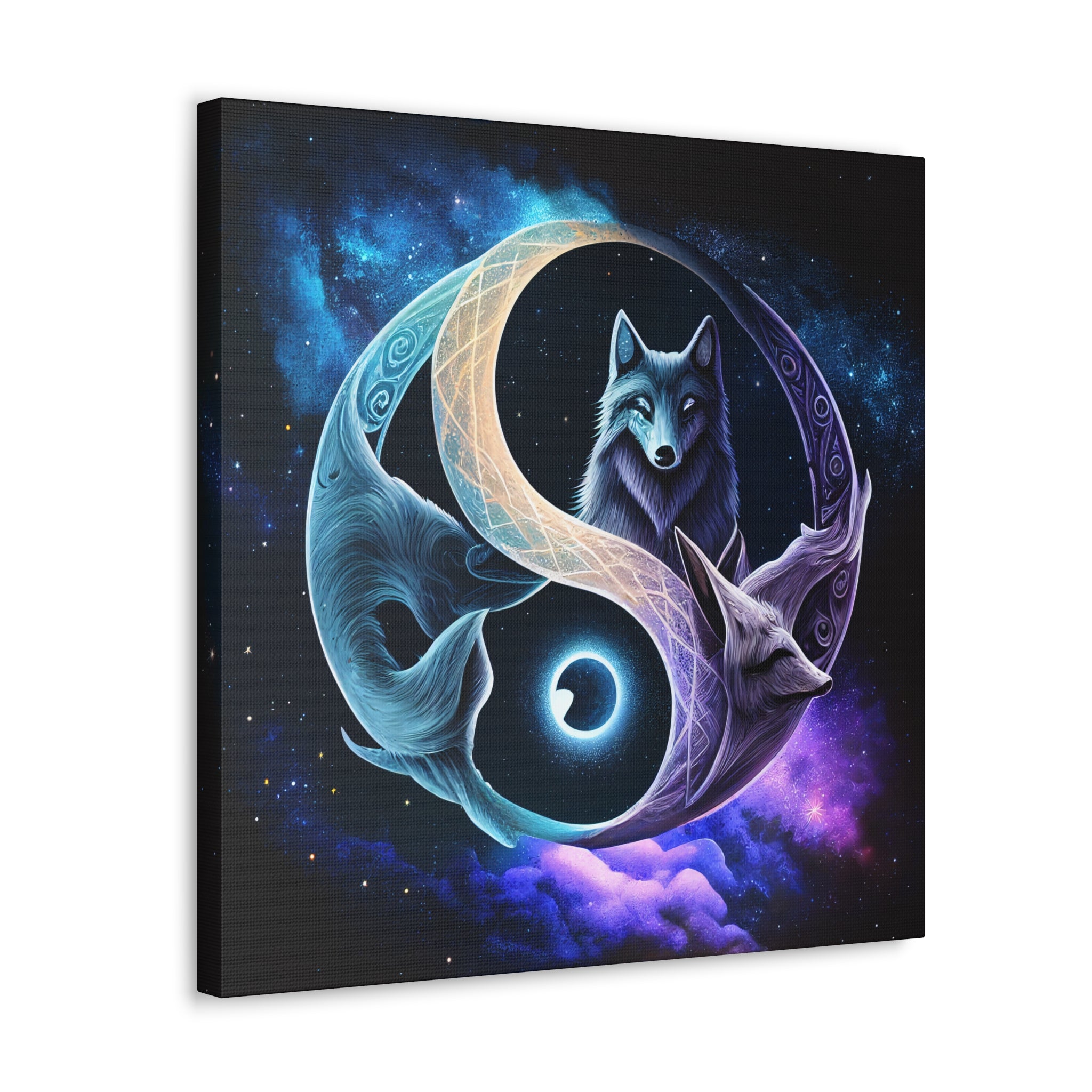 Yin-yang wolf and moon artwork symbolizing cosmic balance and spiritual guidance.