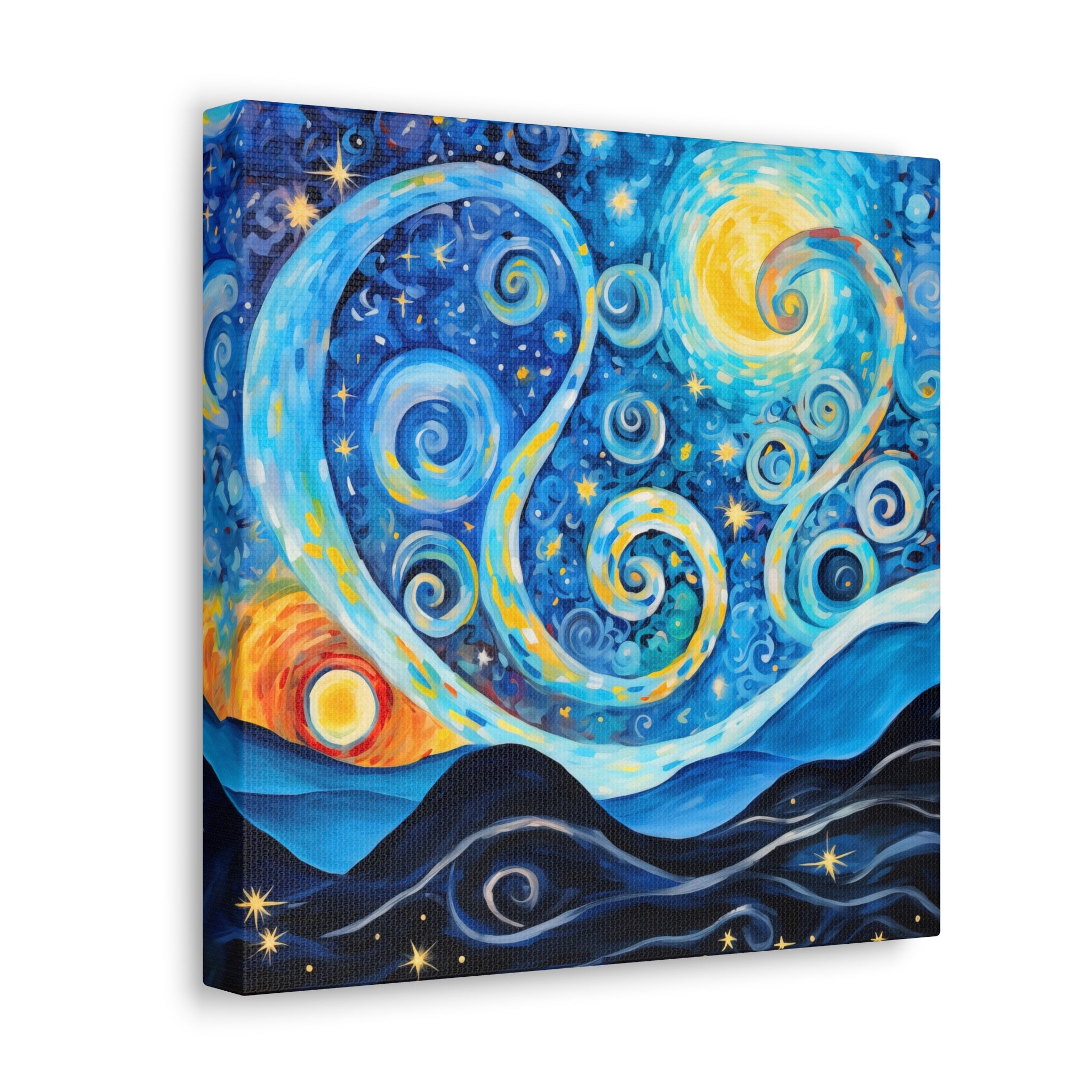 Vibrant Van Gogh-inspired celestial artwork featuring swirling galaxies and stars