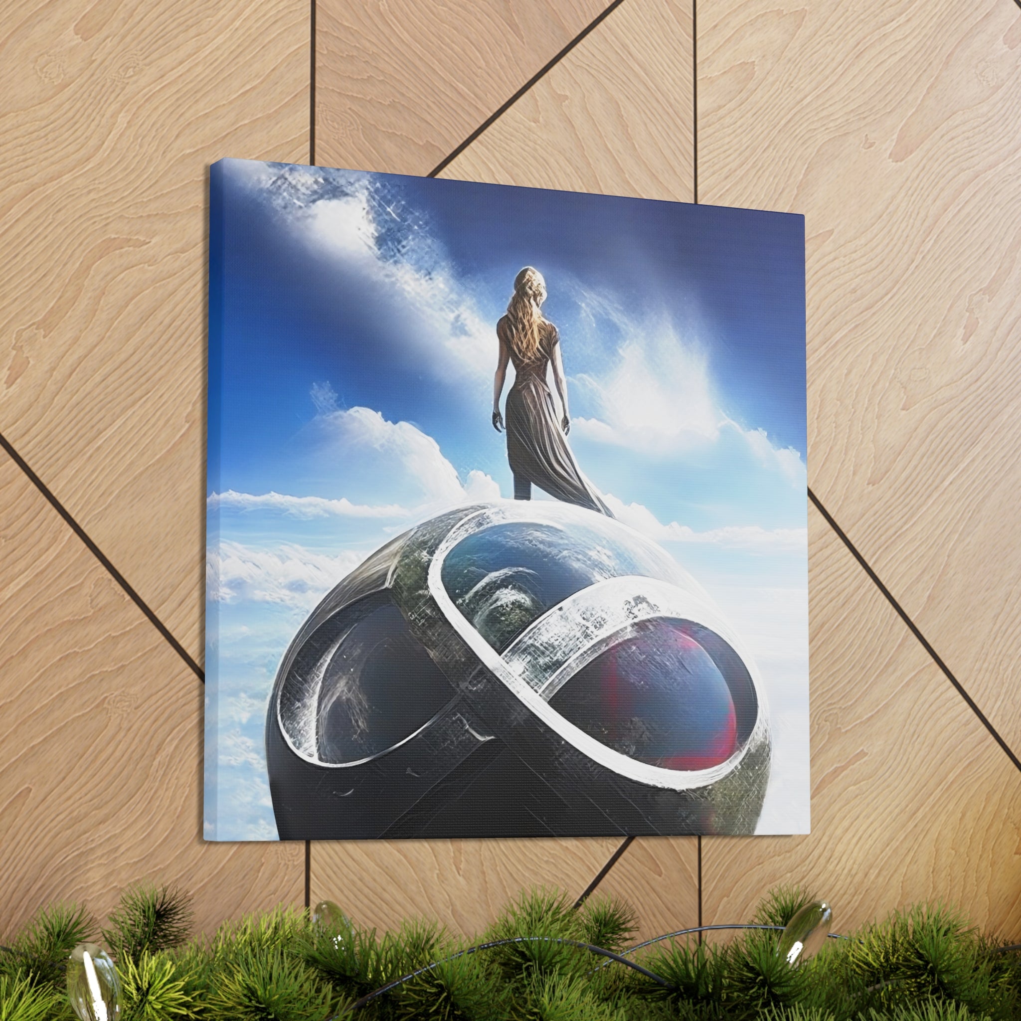 Visionary wall art featuring a lone adventurer looking beyond the horizon at an infinity-shaped structure under an endless galaxy sky, evoking themes of exploration and cosmic consciousness.