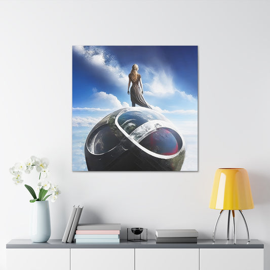 Skyward Infinity square canvas featuring a lone figure standing atop an infinity-shaped futuristic structure, gazing into the cosmic sky, symbolizing exploration and boundless potential.