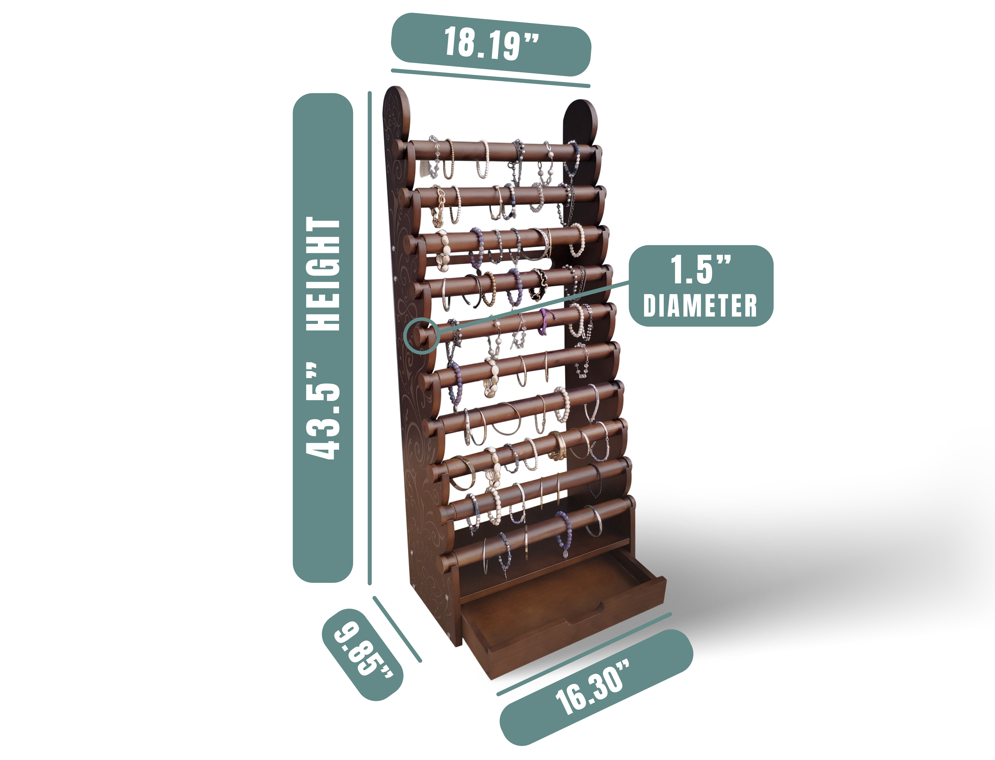 Premium handcrafted dark wood bracelet rack with intricate floral etching and 10 display levels
