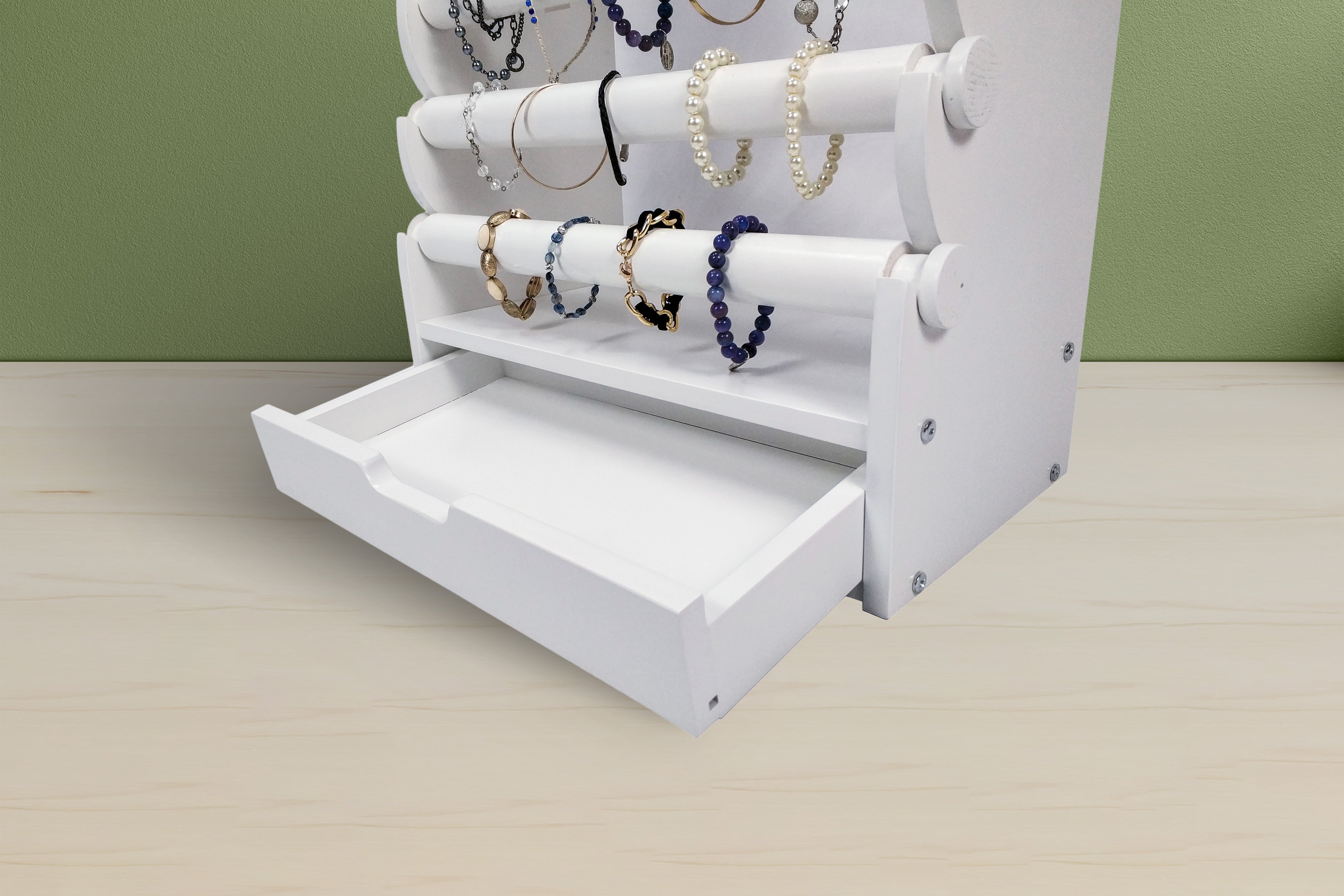 Modern white wooden jewelry display rack with 10 levels for bracelets, watches, and bangles, designed for elegant boutiques, bridal jewelry stores, and luxury salons.