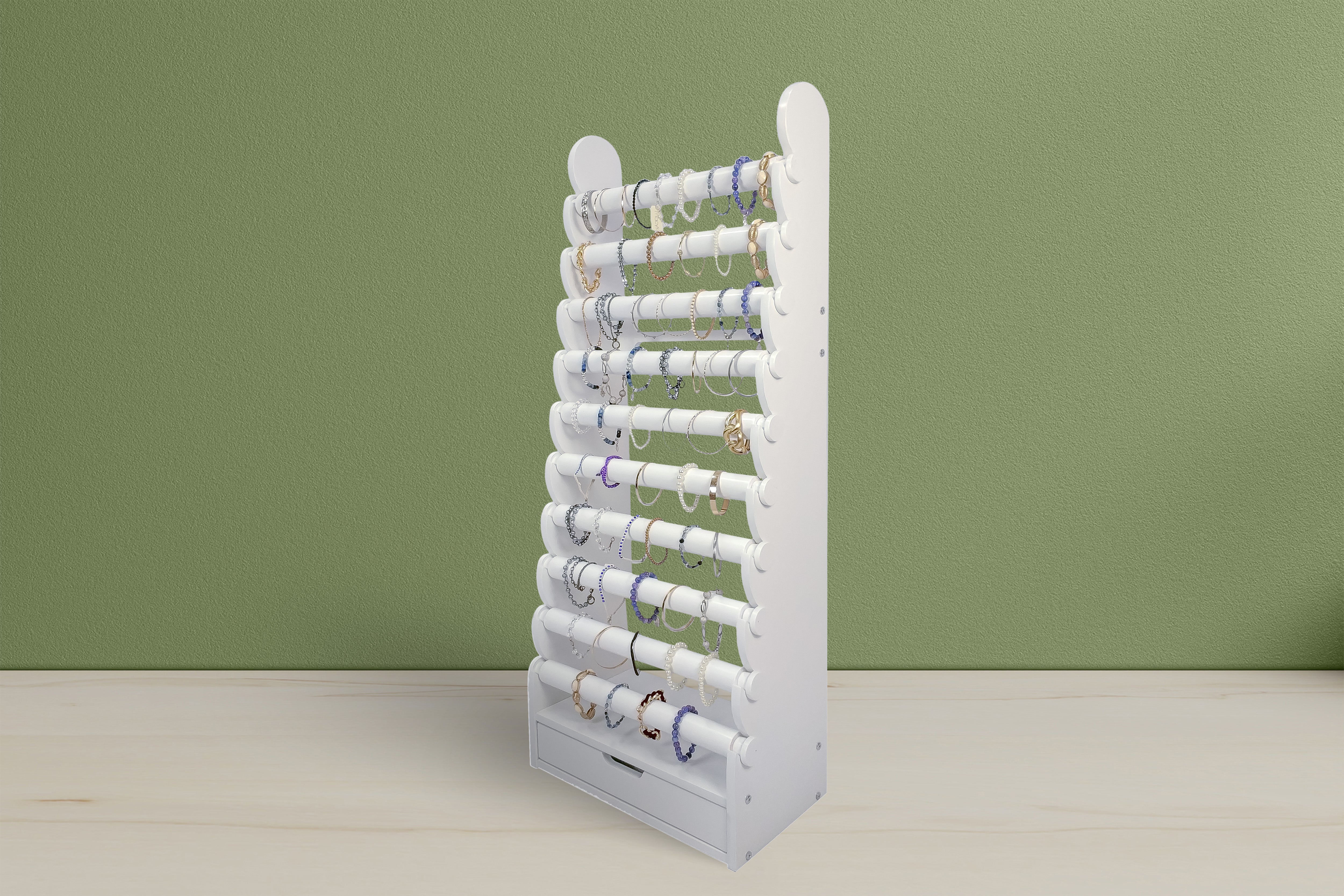 Premium white multi-tier bracelet organizer stand with a space-saving vertical design and a hidden drawer for jewelry storage, perfect for high-end retail stores and fashion showrooms.