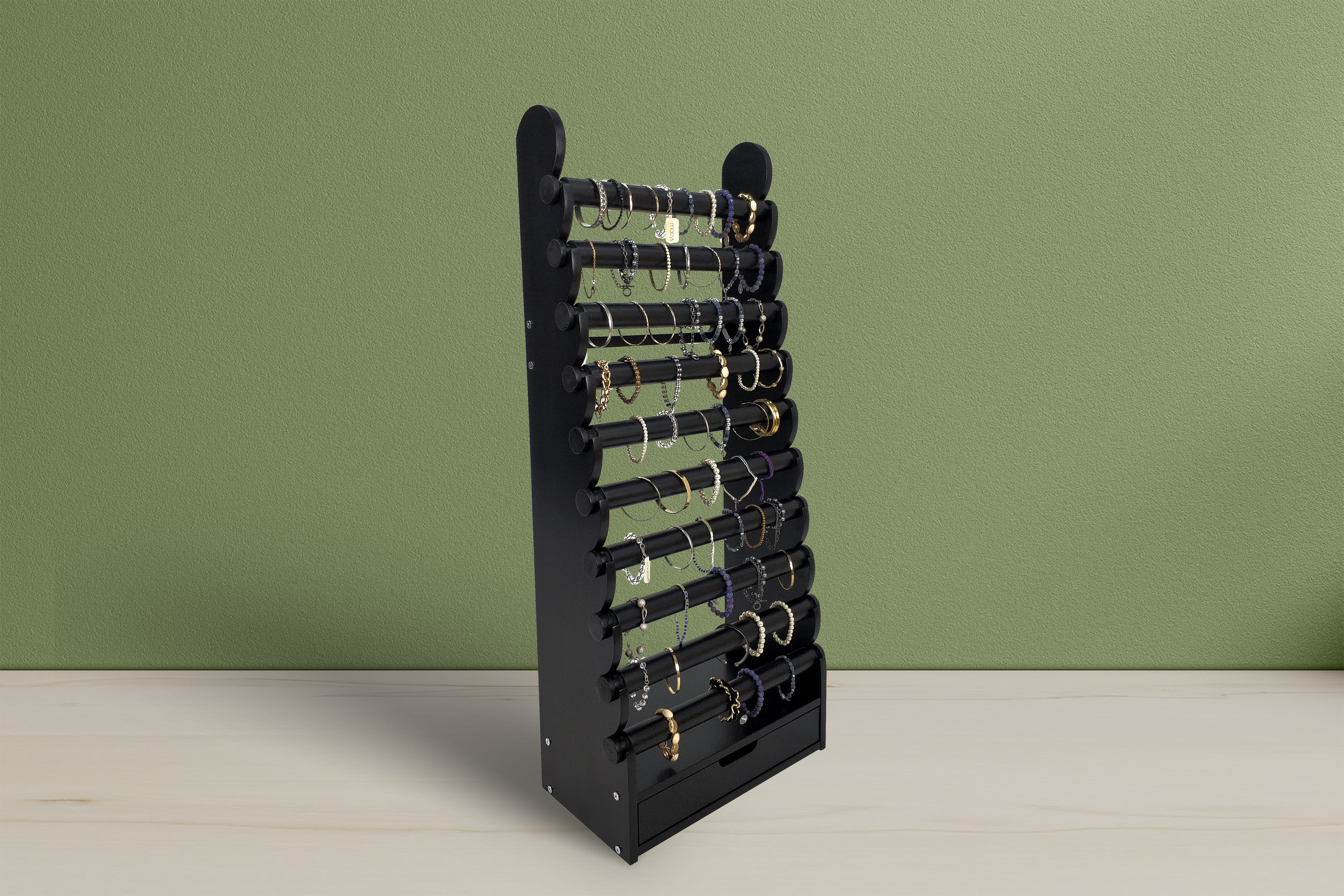 Tall matte black wooden bracelet holder with 10 removable display rods, ideal for showcasing luxury bracelets, watches, and bangles in upscale retail stores and fashion showrooms