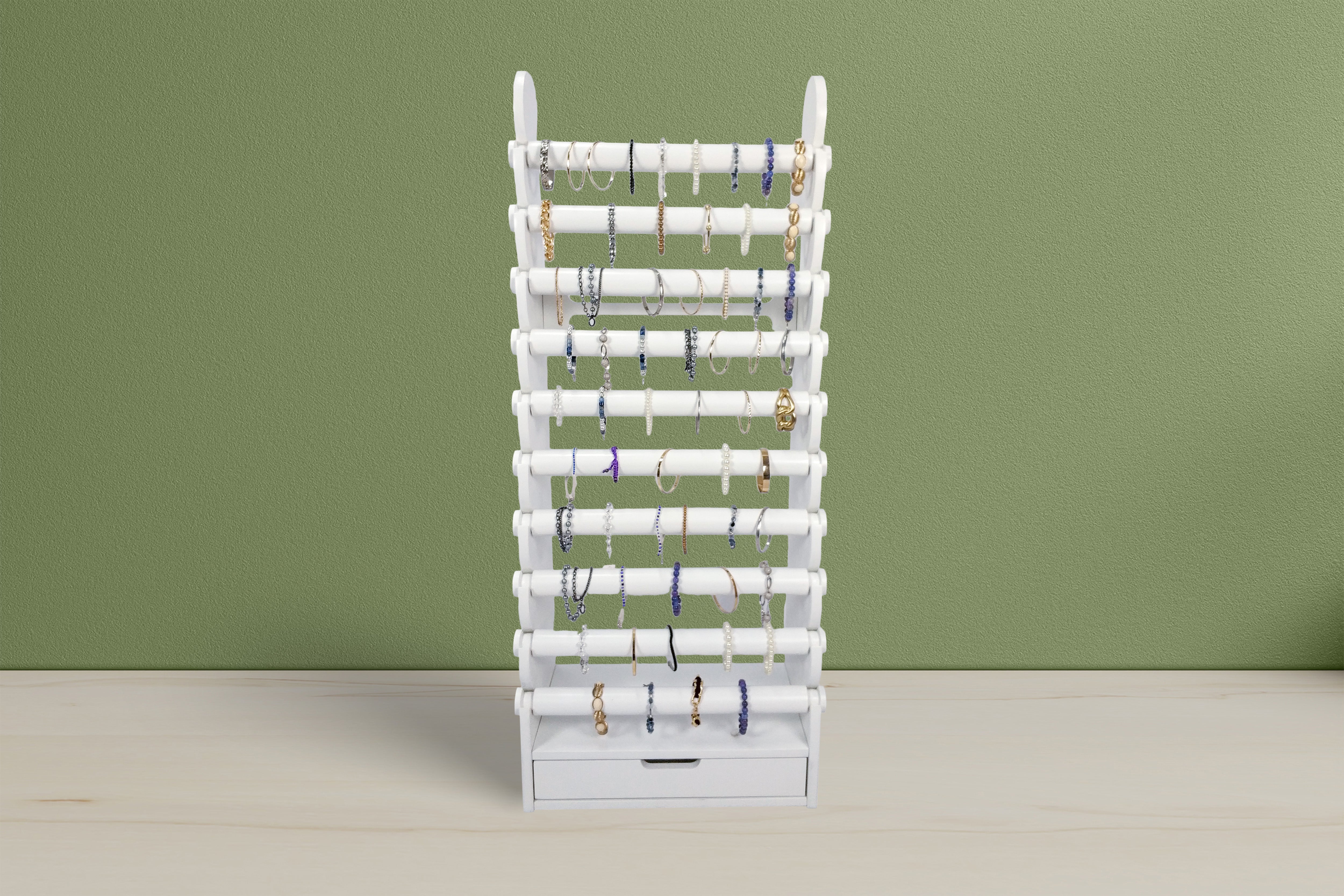 Tall matte white wooden bracelet holder with 10 removable display rods, ideal for showcasing delicate bracelets, watches, and bangles in upscale retail stores and bridal shops.