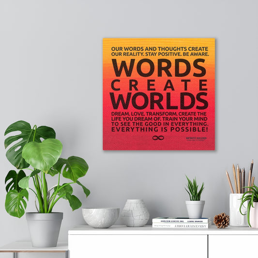 Words Create Worlds' Motivational Poster Canvas Print - Orange