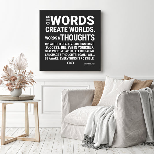 Words Create Worlds' Motivational Mounted Canvas Print - Black